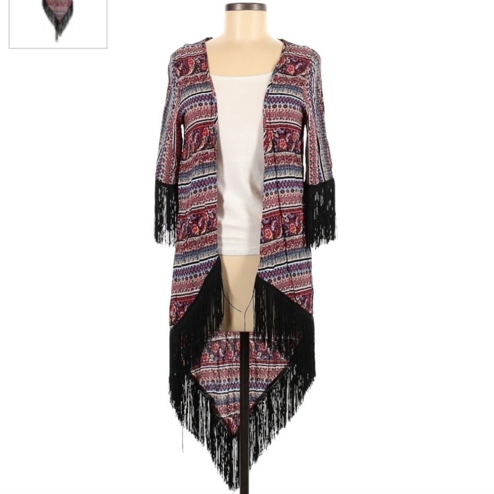Love Tease Paisley Print Multicolored Kimono Women's Medium M Tassel Trim EUC